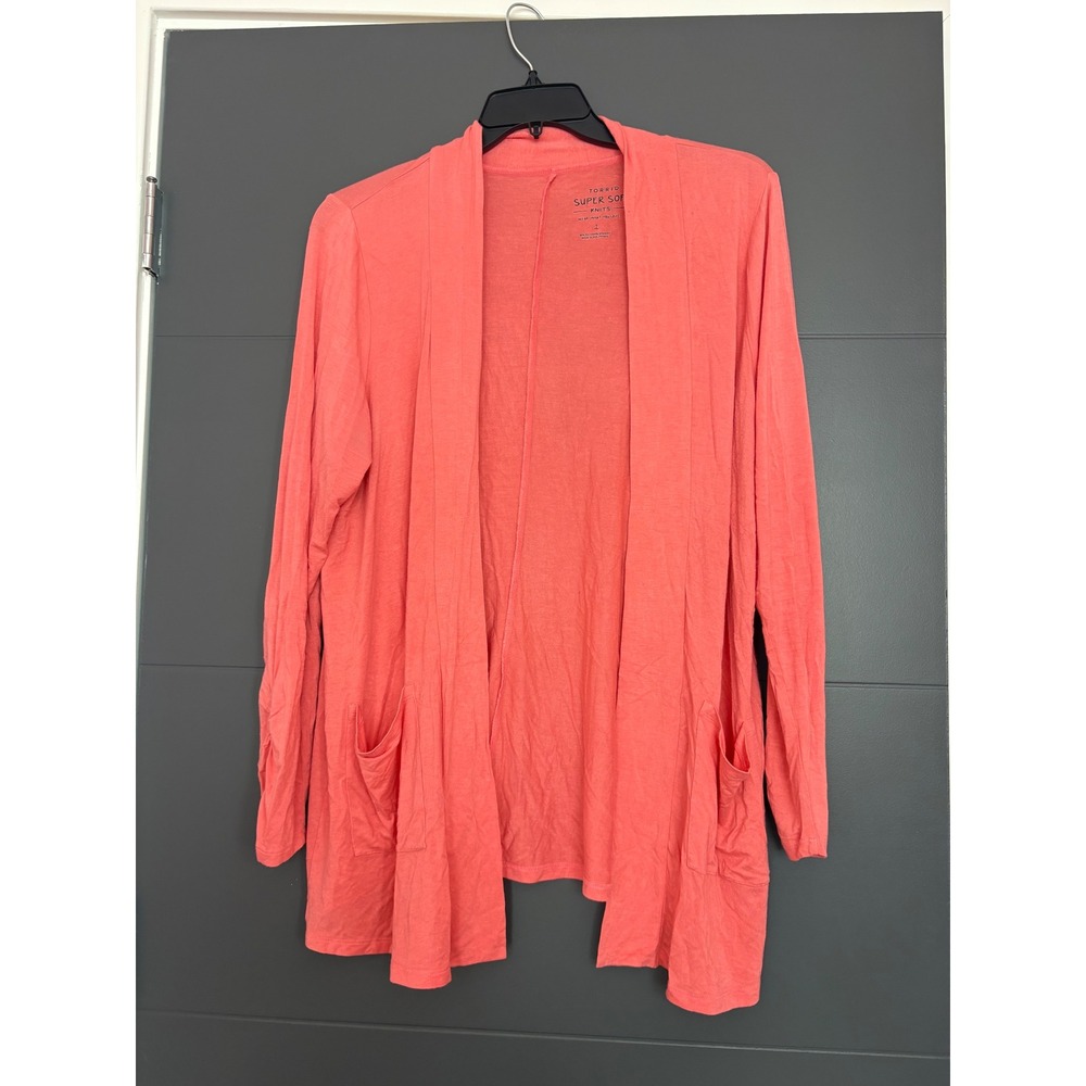 Torrid Super Soft Knits Coral Pink Open Front Cardigan Ruched Sleeve Pockets 1